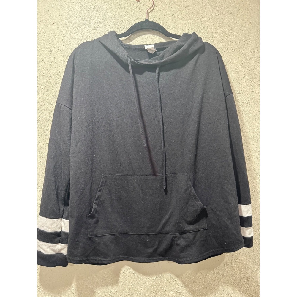 Sew In Love Womens‎ Black Varsity Stripe Sleeve Pullover Hoodie Sweatshirt Large
